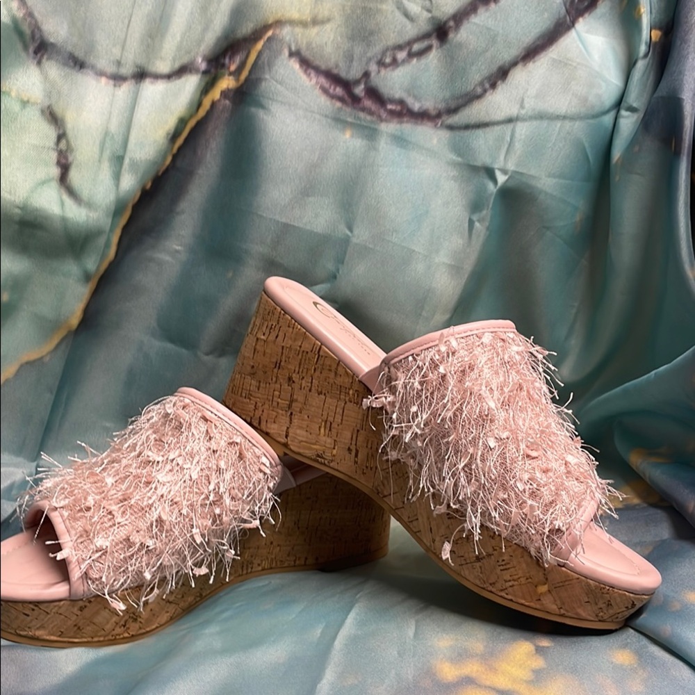 Pink Feather-Trim Cork Wedge Slide